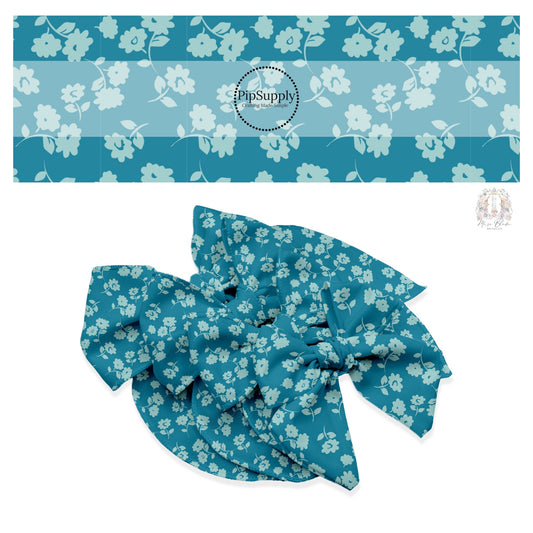 These floral themed dark teal no sew bow strips can be easily tied and attached to a clip for a finished hair bow. These fun summer floral themed bow strips features light blue flowers on dark teal are great for personal use or to sell.