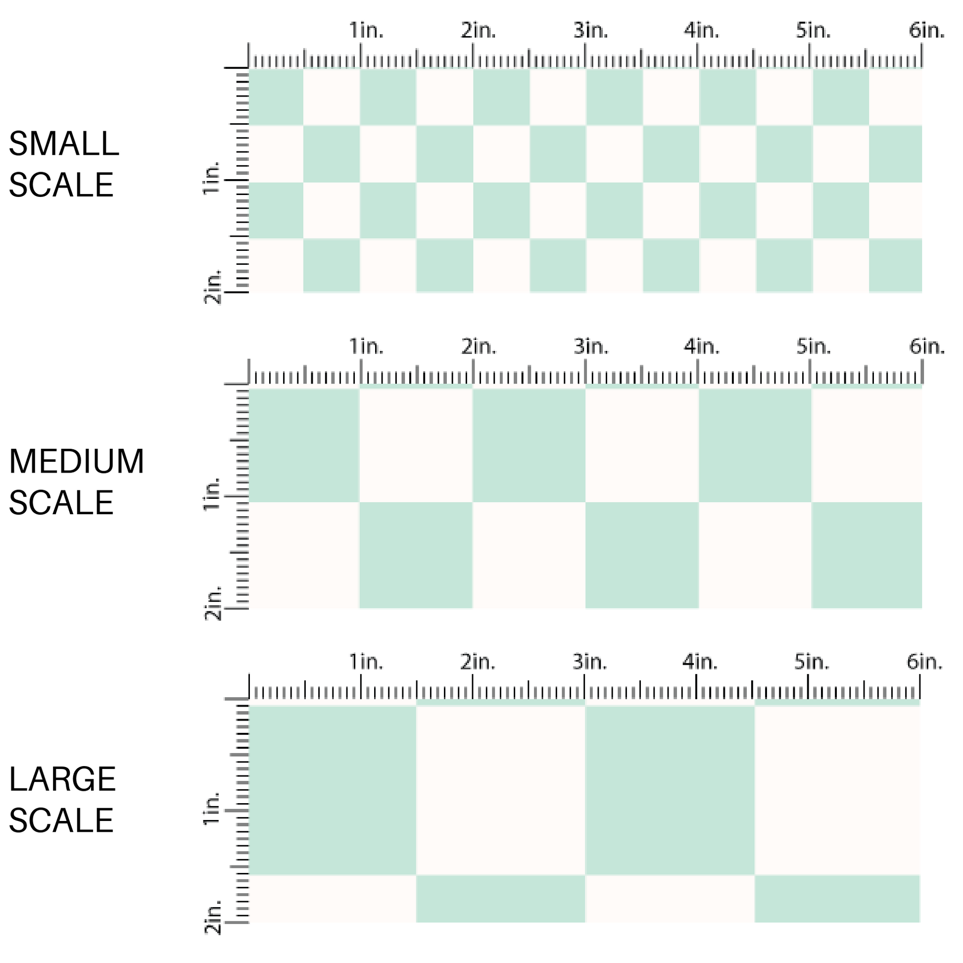 This scale chart of small scale, medium scale, and large scale of these checkered themed fabric by the yard features cream and light green checkered pattern. This fun party themed fabric can be used for all your sewing and crafting needs! 