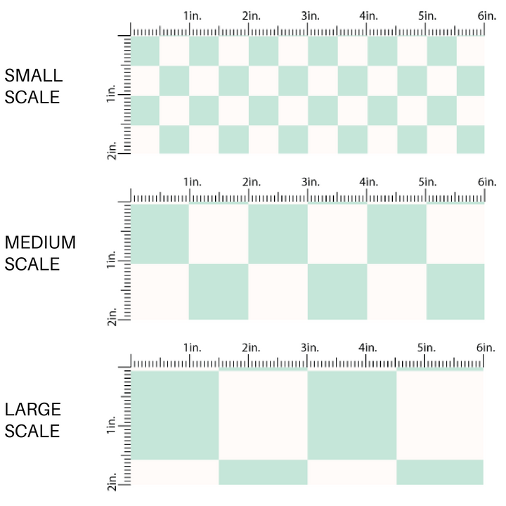 This scale chart of small scale, medium scale, and large scale of these checkered themed fabric by the yard features cream and light green checkered pattern. This fun party themed fabric can be used for all your sewing and crafting needs! 