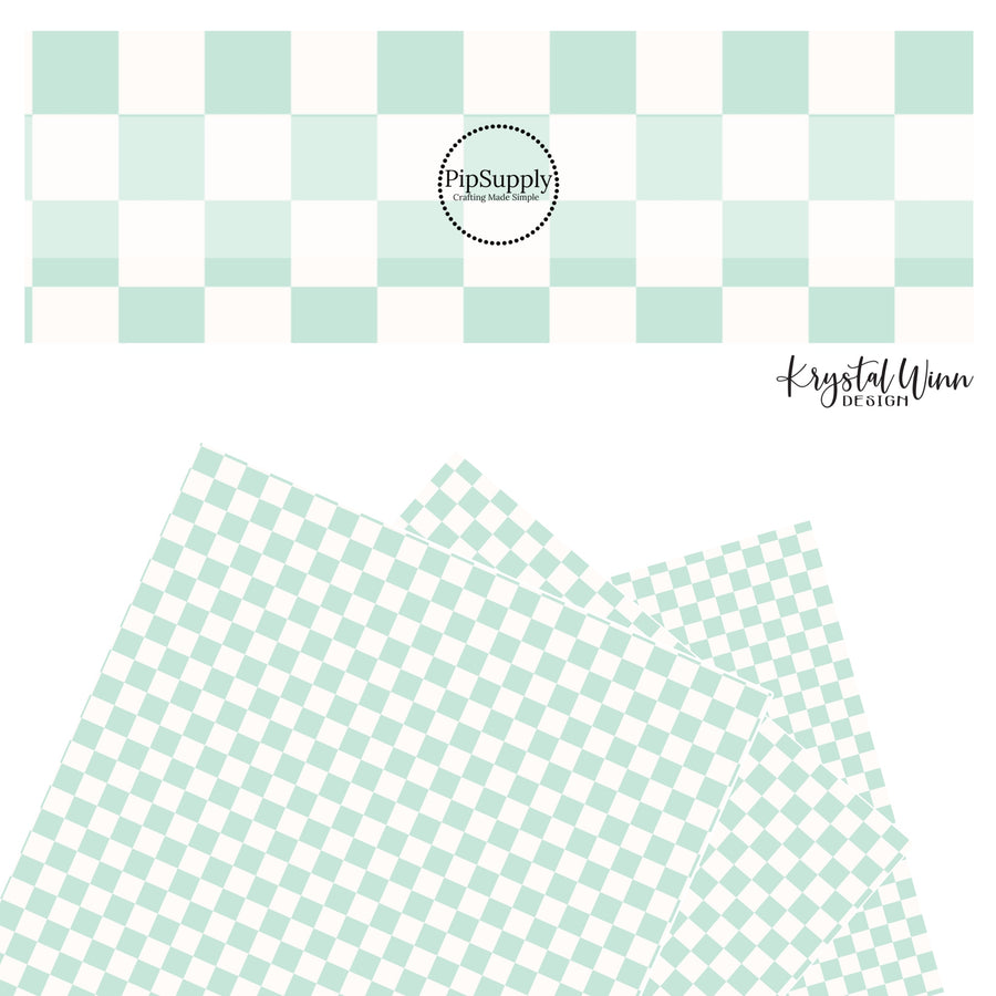 These checkered themed faux leather sheets contain the following design elements: cream and light mint checkered pattern. Our CPSIA compliant faux leather sheets or rolls can be used for all types of crafting projects.