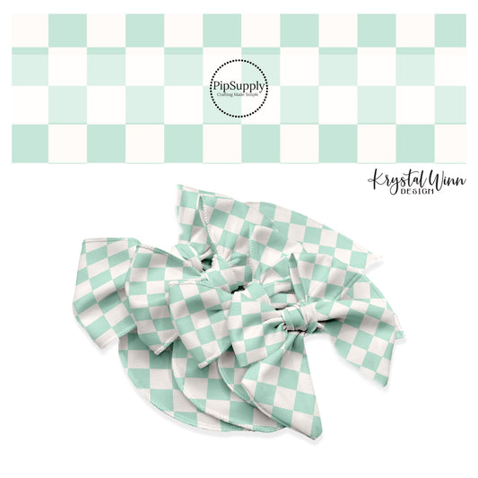These checkered themed no sew bow strips can be easily tied and attached to a clip for a finished hair bow. These fun party themed bow strips are great for personal use or to sell. The bow strips features cream and light green checkered pattern.