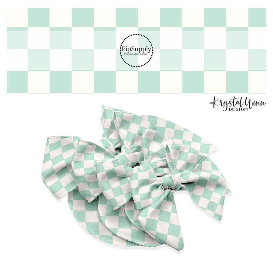 These checkered themed no sew bow strips can be easily tied and attached to a clip for a finished hair bow. These fun party themed bow strips are great for personal use or to sell. The bow strips features cream and light green checkered pattern.