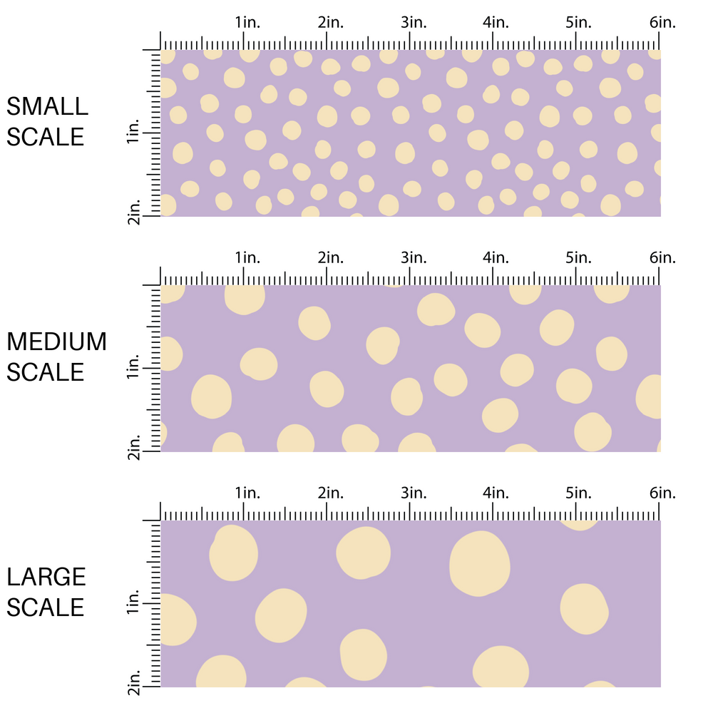 This scale chart of small scale, medium scale, and large scale of these dot themed pastel purple fabric by the yard features small white dots scattered on light purple.