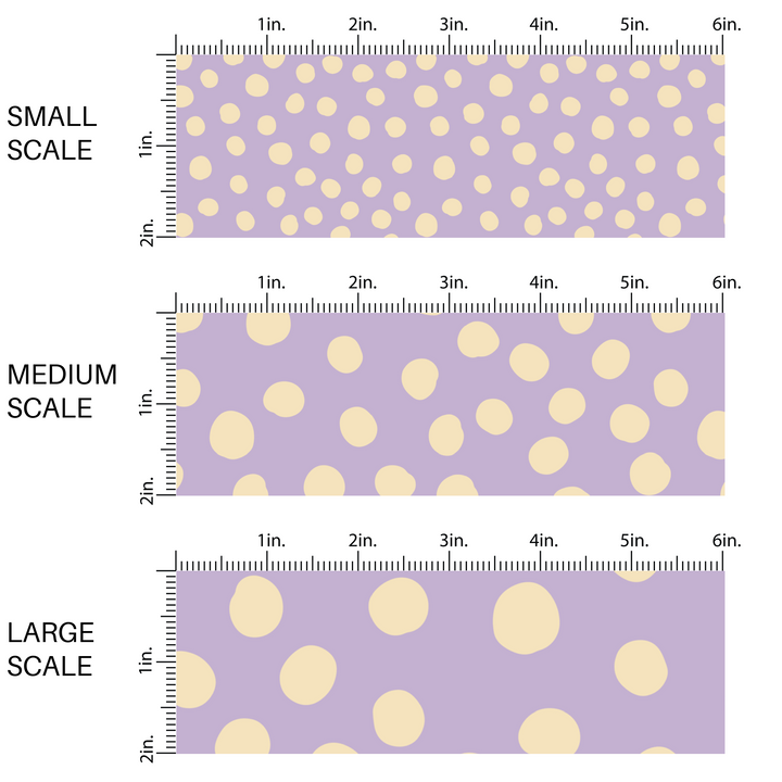 This scale chart of small scale, medium scale, and large scale of these dot themed pastel purple fabric by the yard features small white dots scattered on light purple.