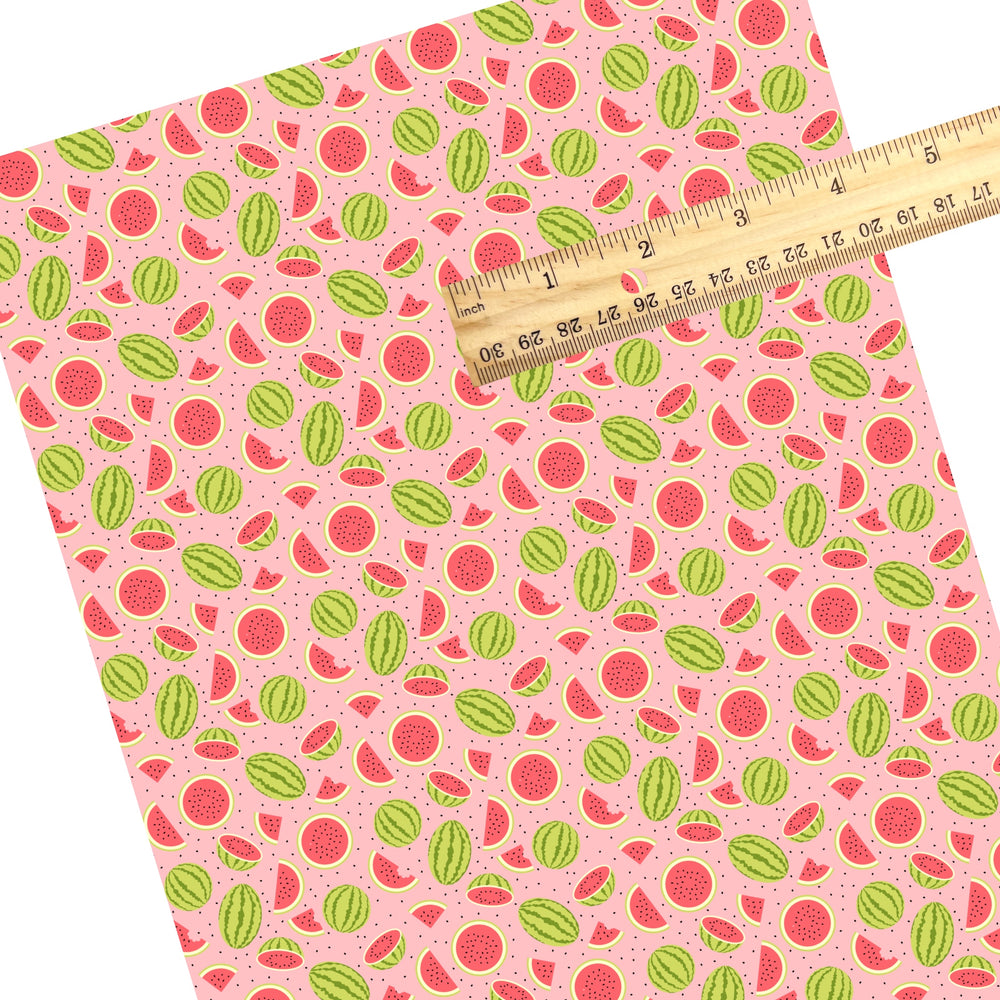 These fruit themed faux leather sheets contain the following design elements: watermelon and watermelon slices. Our CPSIA compliant faux leather sheets or rolls can be used for all types of crafting projects.