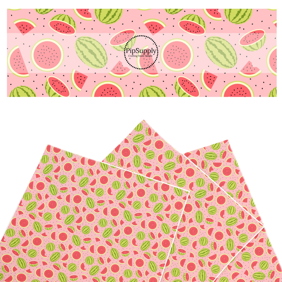 These fruit themed faux leather sheets contain the following design elements: watermelon and watermelon slices. Our CPSIA compliant faux leather sheets or rolls can be used for all types of crafting projects.