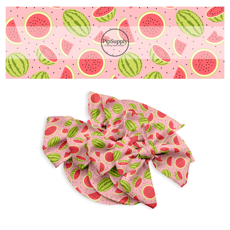 These fruit themed no sew bow strips can be easily tied and attached to a clip for a finished hair bow. These bow strips are great for personal use or to sell. These bow strips feature the following design elements: watermelon and watermelon slices.