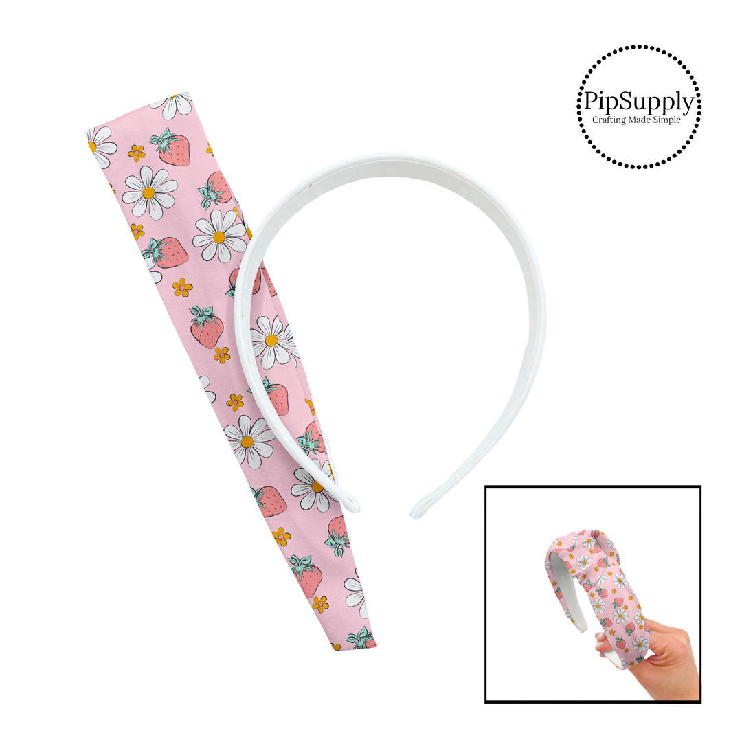 Pastel orange flowers, white daisies and pastel strawberries on pink DIY headband kit. 