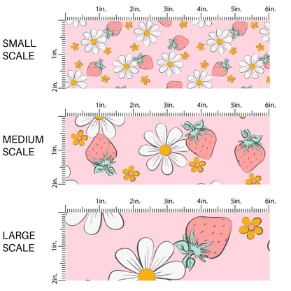 This chart with small scale, medium scale, and large scale pastel orange flowers, white daisies and pastel strawberries on pink fabric by the yard.
