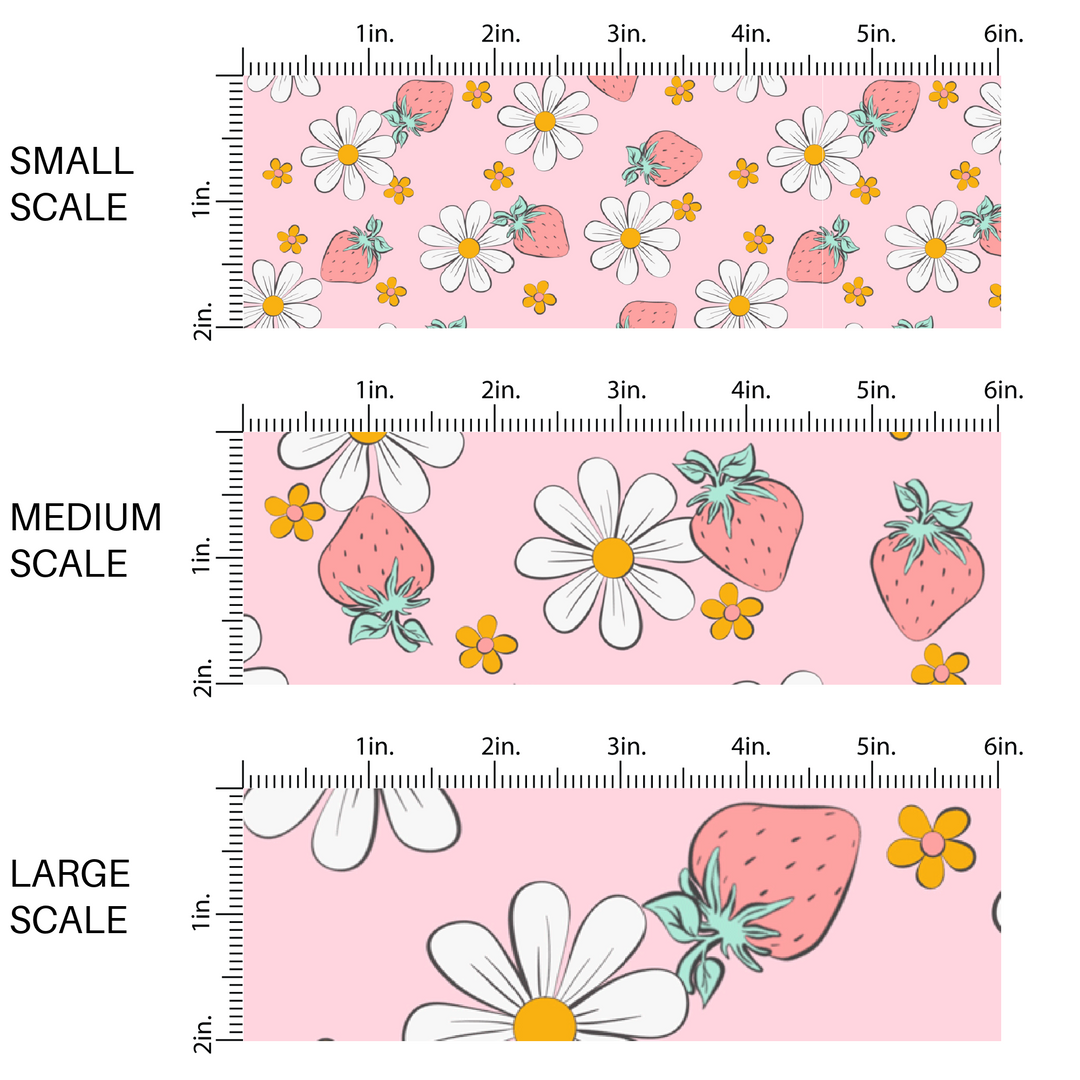 This chart with small scale, medium scale, and large scale pastel orange flowers, white daisies and pastel strawberries on pink fabric by the yard.