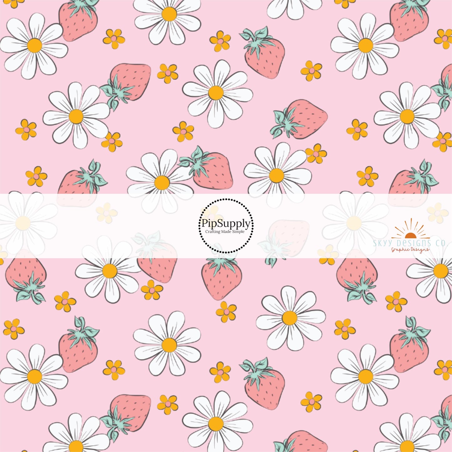 Pastel orange flowers, white daisies and pastel strawberries on pink fabric by the yard.