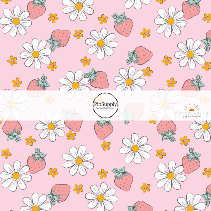 Pastel orange flowers, white daisies and pastel strawberries on pink fabric by the yard.