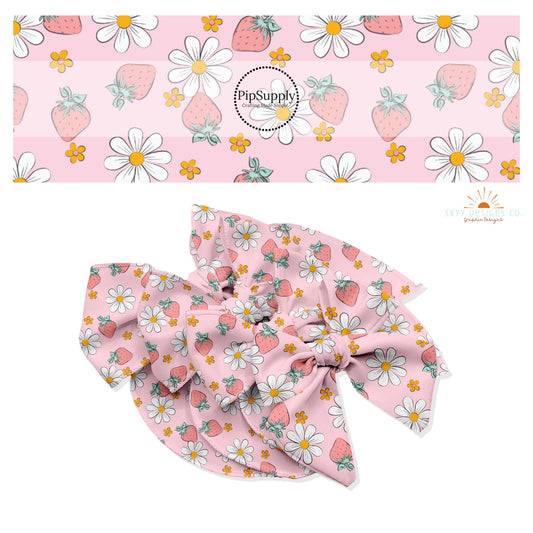 Pastel orange flowers, white daisies and pastel strawberries on pink hair bow strips.
