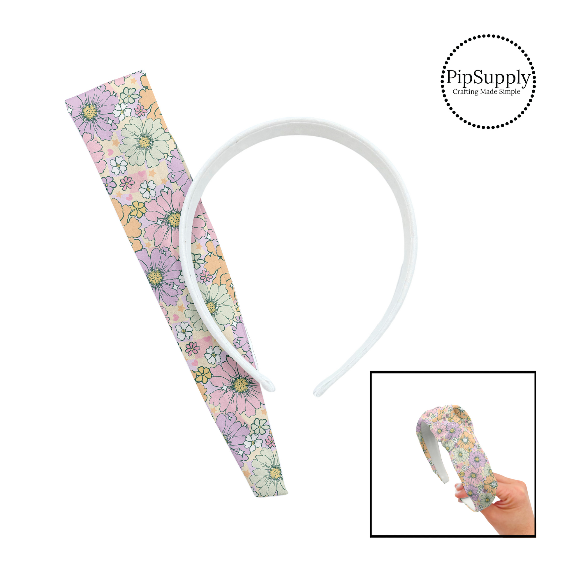Light pink, purple, orange, and white flowers on a purple and cream checker board pattern DIY knotted headband kit. 