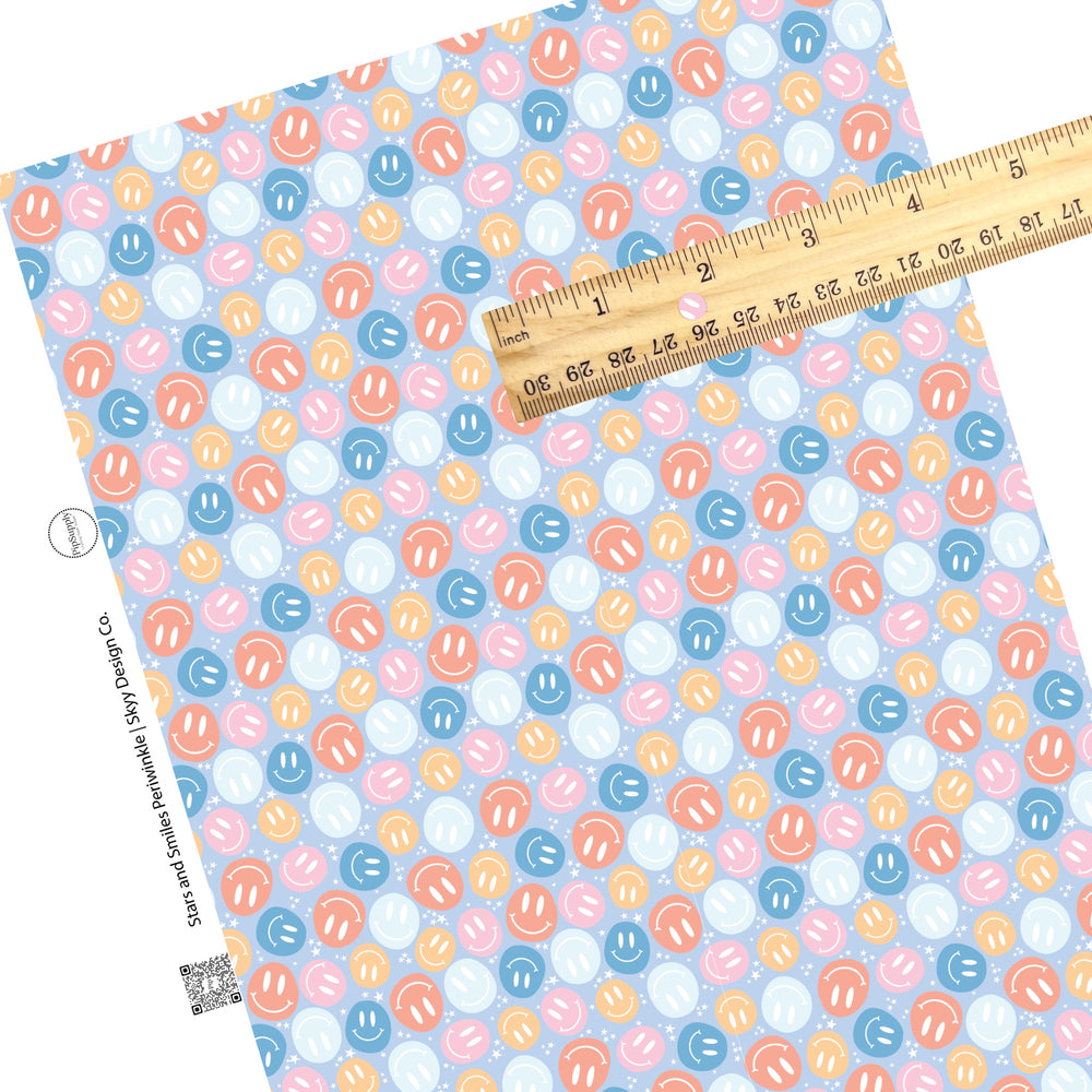 Tiny white stars with pastel blue, pink, and orange smiley faces on periwinkle faux leather sheets.