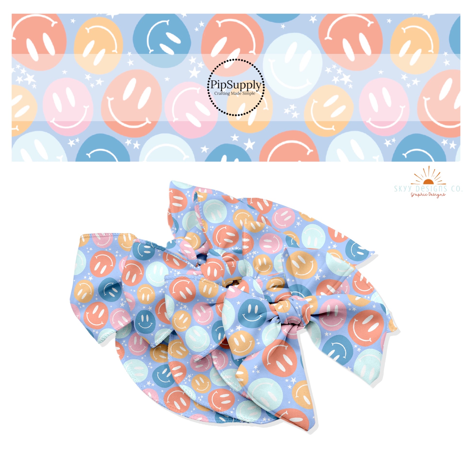 Tiny white stars with pastel blue, pink, and orange smiley faces on periwinkle hair bow strips. 