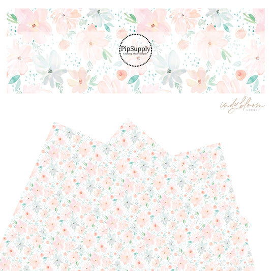 These pastel watercolor flowers on a white faux leather sheets contain the following design elements: poppy flowers in the colors of light pink, peach, light blue, teal, and green. 