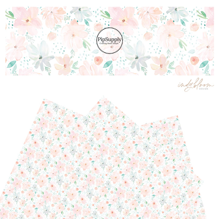 These pastel watercolor flowers on a white faux leather sheets contain the following design elements: poppy flowers in the colors of light pink, peach, light blue, teal, and green. 