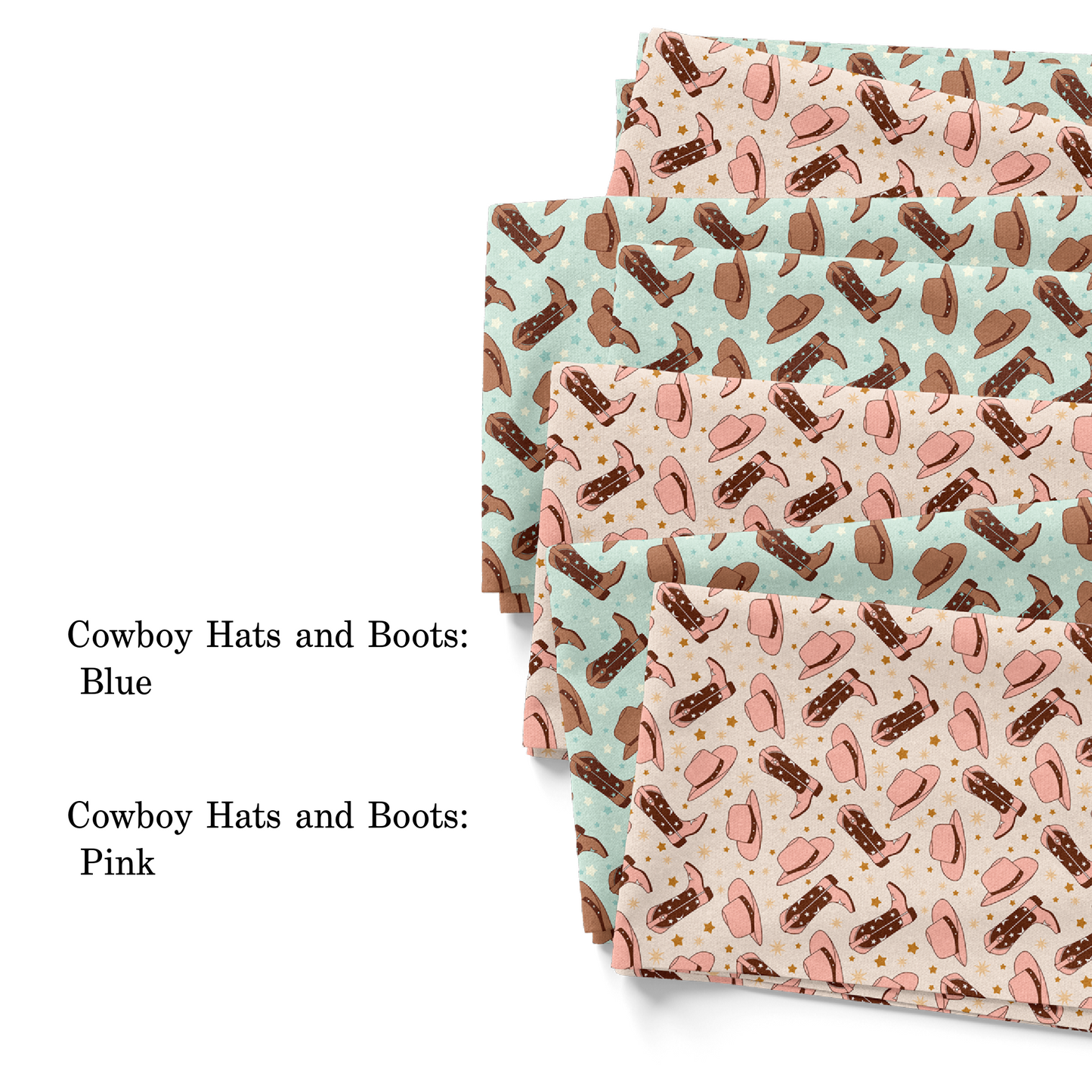 Group photo of Cowboy Hats and Boots fabric by the yard with pattern names. 