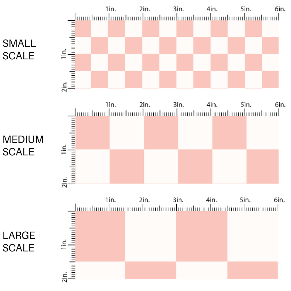 This scale chart of small scale, medium scale, and large scale of these checkered themed fabric by the yard features cream and light pink checkered pattern. This fun party themed fabric can be used for all your sewing and crafting needs! 