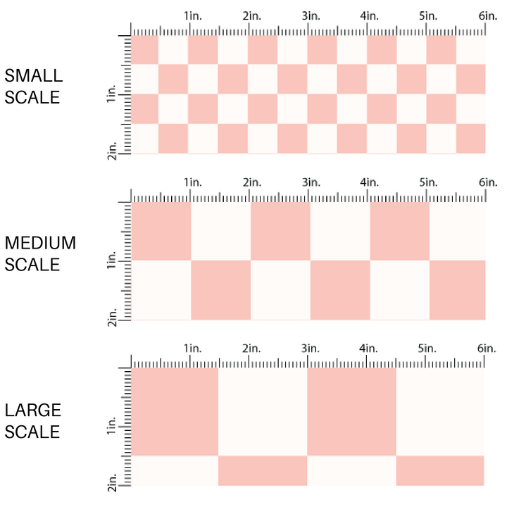 This scale chart of small scale, medium scale, and large scale of these checkered themed fabric by the yard features cream and light pink checkered pattern. This fun party themed fabric can be used for all your sewing and crafting needs! 