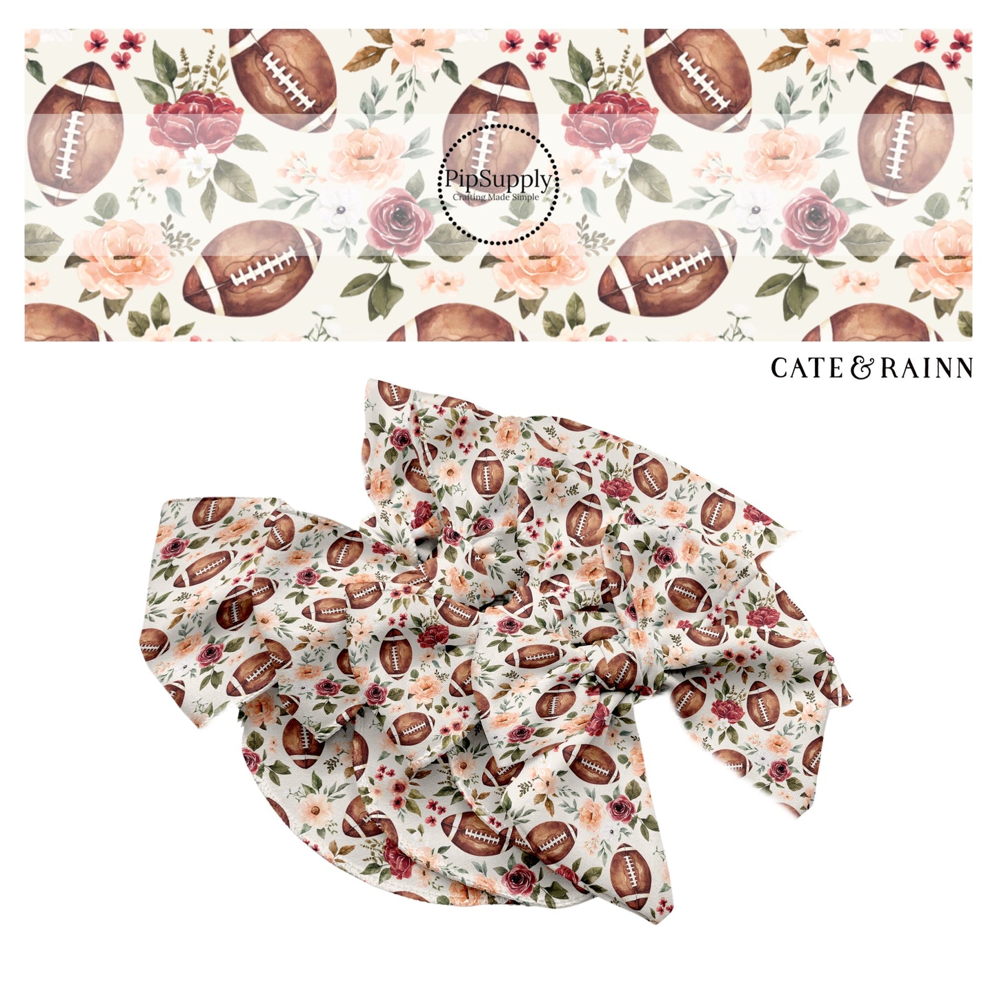 Brown footballs with light pink and burgundy flowers on cream hair bow strips