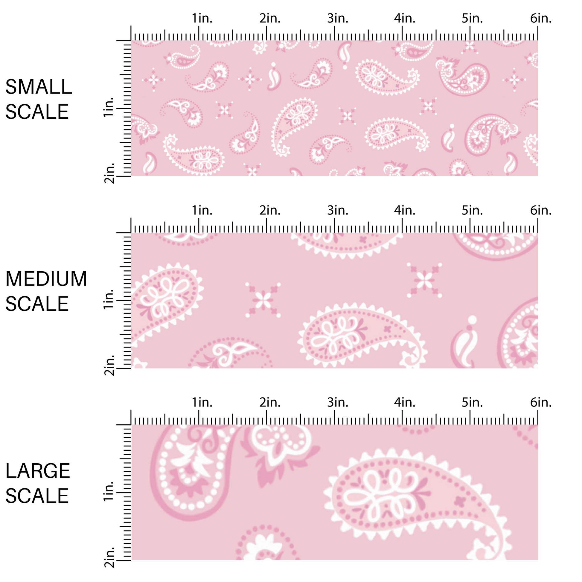 This chart shows small scale, medium scale, and large scale pastel pink bandana pattern western themed fabric by the yard. 