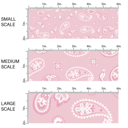 This chart shows small scale, medium scale, and large scale pastel pink bandana pattern western themed fabric by the yard. 