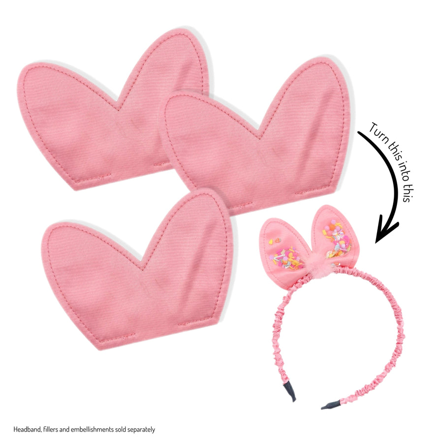 These adorable Easter Bunny bows have three layers which consist of felt, satin and organza fabrics. Bows have a stiffer felt in the back to hold their shape. There is a tiny opening at the bottom of the felts where glitter and clay can be added to create a fun shaker bow.