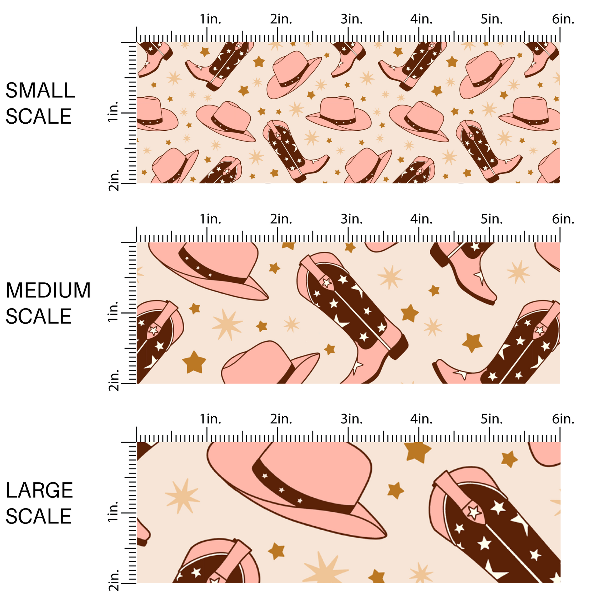 This scale chart of small scale, medium scale, and large scale of these western themed light pink pattern fabric by the yard features light pink and brown cowgirl hats and cowgirl boots along with tiny brown and tan stars.