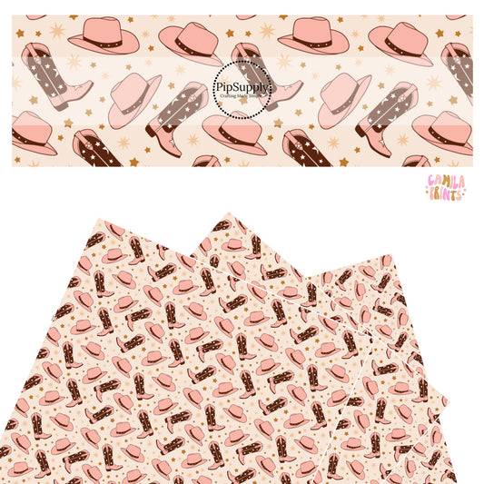 These western themed light pink faux leather sheets contain the following design elements: light pink and brown cowgirl hats and cowgirl boots along with tiny brown and tan stars.