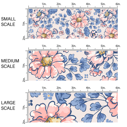 This scale chart of small scale, medium scale, and large scale of these floral themed cream fabric by the yard features peach, light pink, and blue flowers on cream. This fun summer floral themed fabric can be used for all your sewing and crafting needs! 