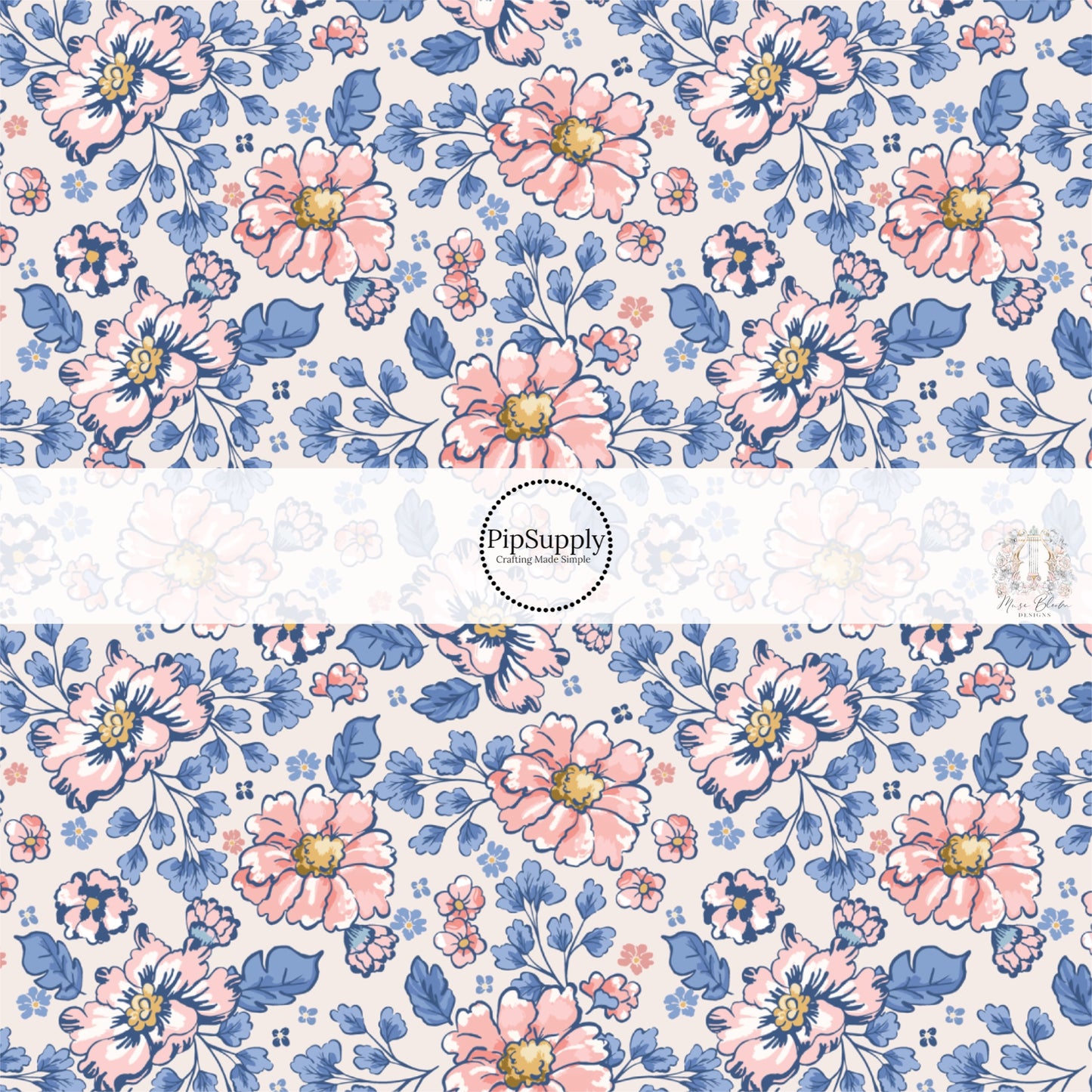 These floral themed cream fabric by the yard features peach, light pink, and blue flowers on cream. This fun summer floral themed fabric can be used for all your sewing and crafting needs! 