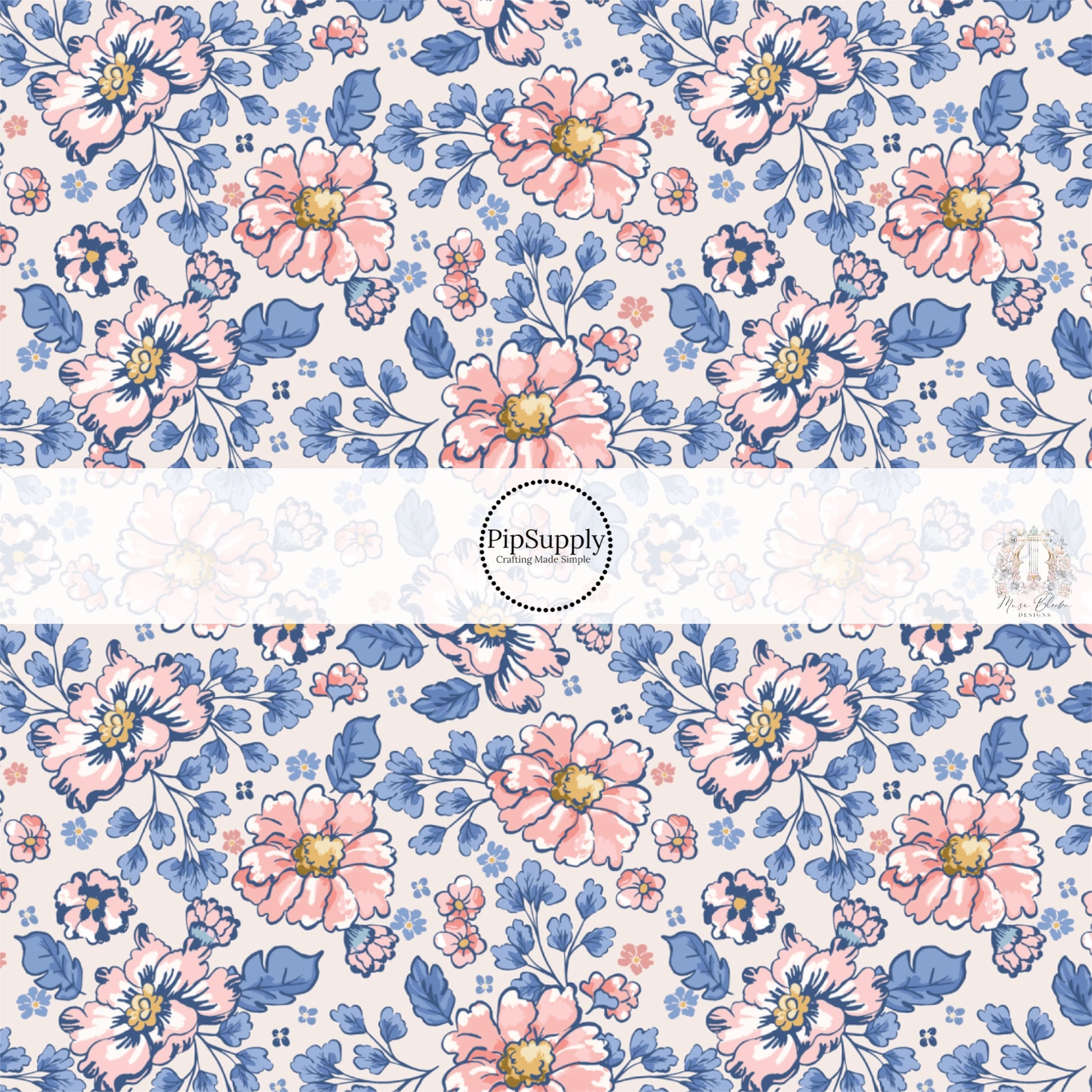 These floral themed cream fabric by the yard features peach, light pink, and blue flowers on cream. This fun summer floral themed fabric can be used for all your sewing and crafting needs! 