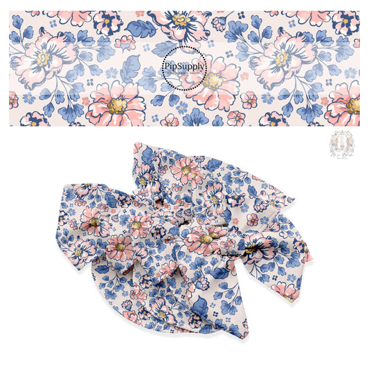 These floral themed cream no sew bow strips can be easily tied and attached to a clip for a finished hair bow. These fun summer floral themed bow strips features peach, light pink, and blue flowers on cream are great for personal use or to sell.