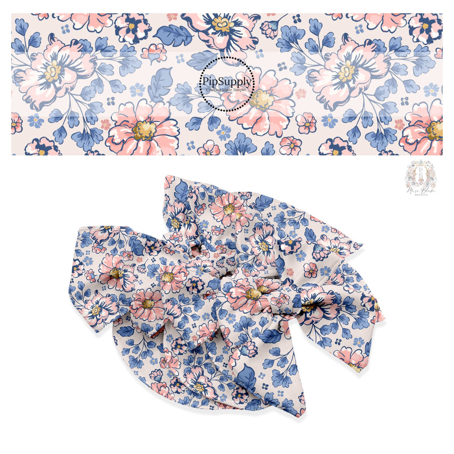 These floral themed cream no sew bow strips can be easily tied and attached to a clip for a finished hair bow. These fun summer floral themed bow strips features peach, light pink, and blue flowers on cream are great for personal use or to sell.