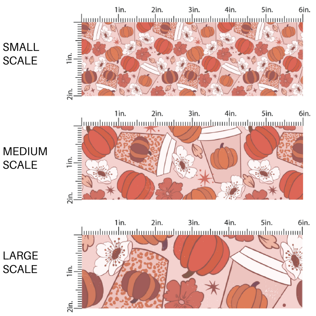 This scale chart of small scale, medium scale, and large scale of these fall pumpkin themed pink and orange fabric by the yard features pumpkin spice cups surrounded by white and pink flowers and orange pumpkins.. This fun fall themed fabric can be used for all your sewing and crafting needs! 