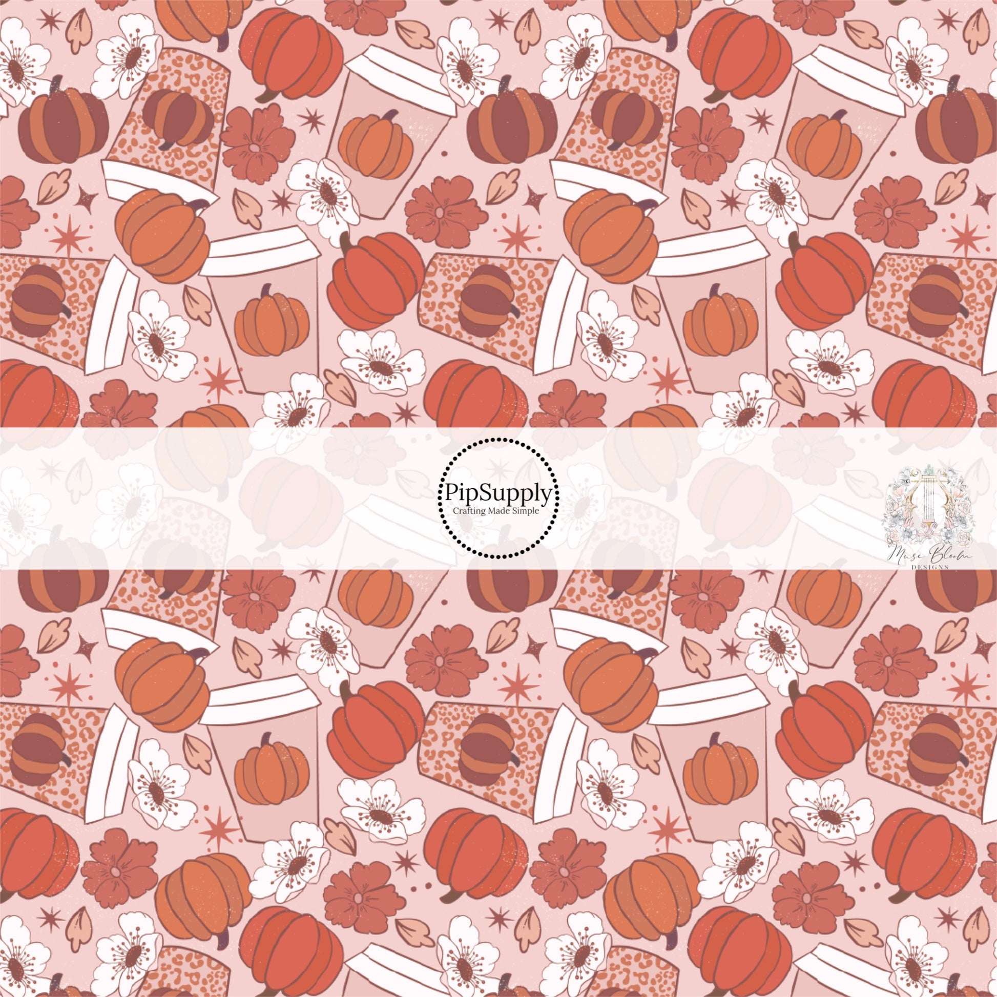 These fall pumpkin themed pink and orange fabric by the yard features pumpkin spice cups surrounded by white and pink flowers and orange pumpkins.. This fun fall themed fabric can be used for all your sewing and crafting needs! 