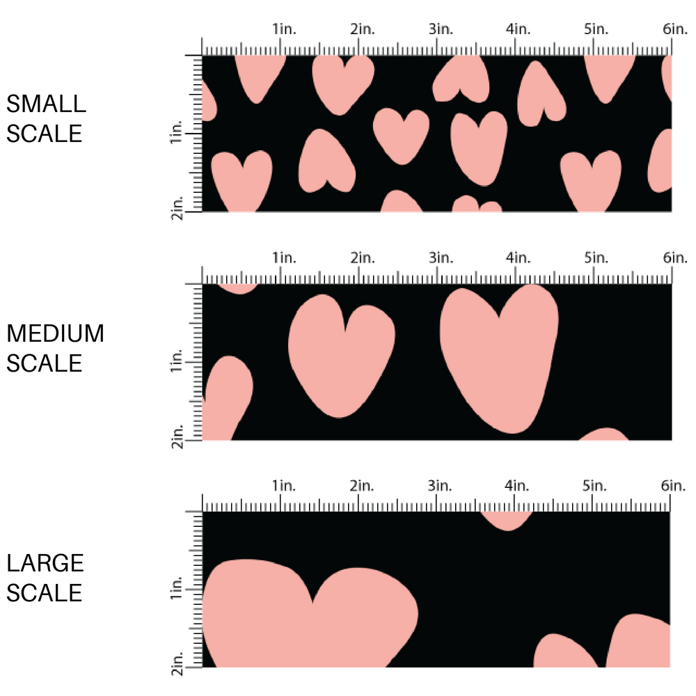 This scale chart of small scale, medium scale, and large scale of these heart and spot themed black fabric by the yard features leopard pattern with hearts and spots in pink on black. This fun animal themed fabric can be used for all your sewing and crafting needs! 