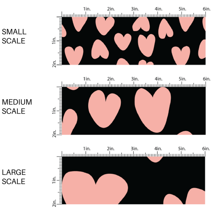 This scale chart of small scale, medium scale, and large scale of these heart and spot themed black fabric by the yard features leopard pattern with hearts and spots in pink on black. This fun animal themed fabric can be used for all your sewing and crafting needs! 