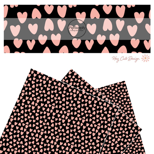 These heart and spot themed black faux leather sheets contain the following design elements: leopard pattern with hearts and spots in pink on black. Our CPSIA compliant faux leather sheets or rolls can be used for all types of crafting projects. 