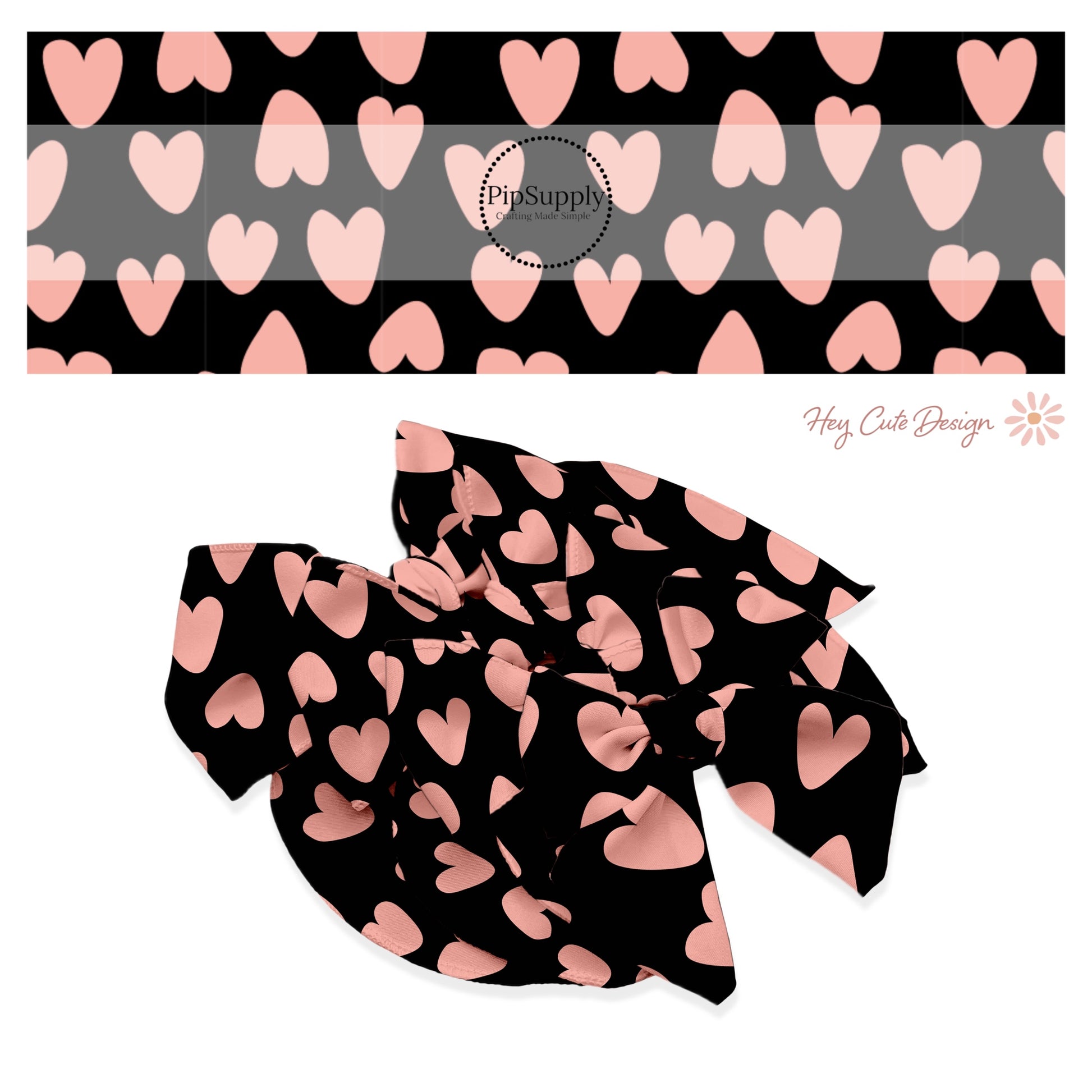 Pink Hearts And Spots On Black Hair Bow Strips - Black with Pink