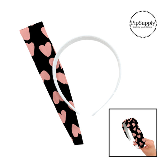 These heart and spot themed black headband kits are easy to assemble and come with everything you need to make your own knotted headband. These fun animal themed kits with a variety hearts and spots in pink on black include a custom printed and sewn fabric strip and a coordinating velvet headband.  