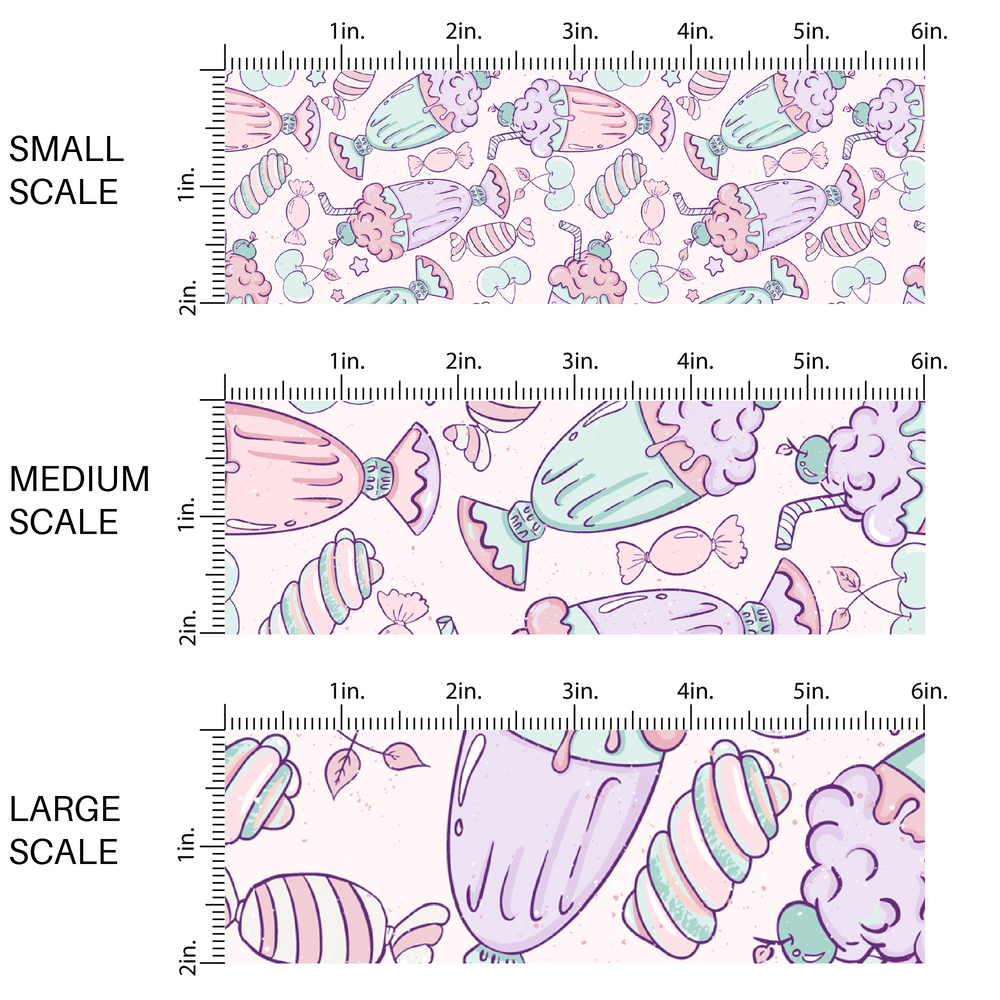 This small, medium, large scale chart pastel mint, light pink, light purple, and light aqua milkshakes, cherries, dessert, and candy on pink fabric by the yard.