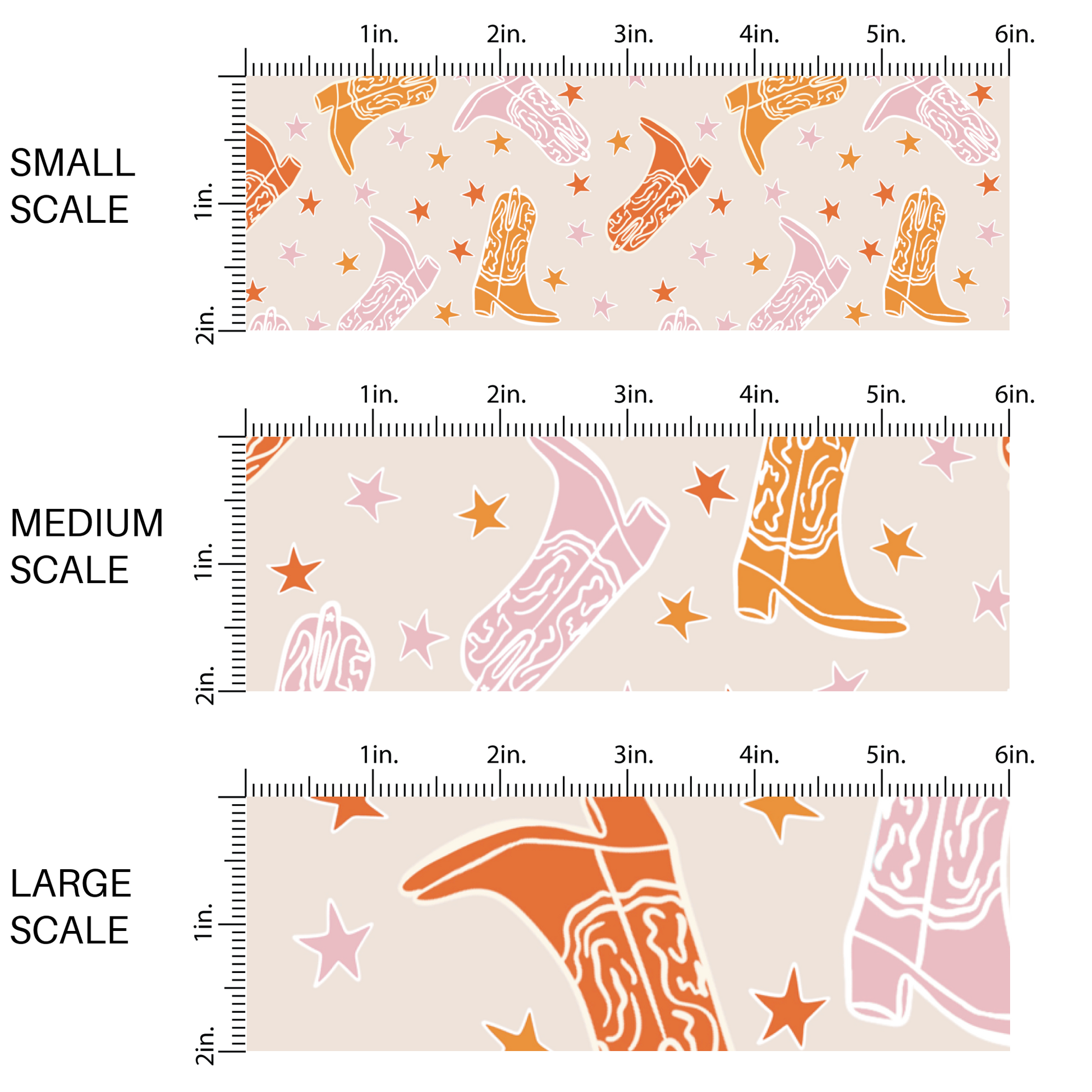 This chart shows small scale, medium scale, and large scale western themed cowgirl boots in orange, light orange, and pink with tiny stars on cream fabric by the yard.