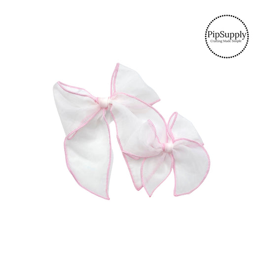 light pink stitches on white hair bow strip