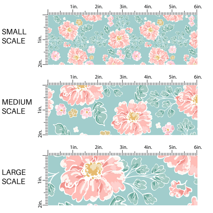 This scale chart of small scale, medium scale, and large scale of these floral themed light seafoam fabric by the yard features light peach, cream, and teal flowers on seafoam. This fun summer floral themed fabric can be used for all your sewing and crafting needs! 