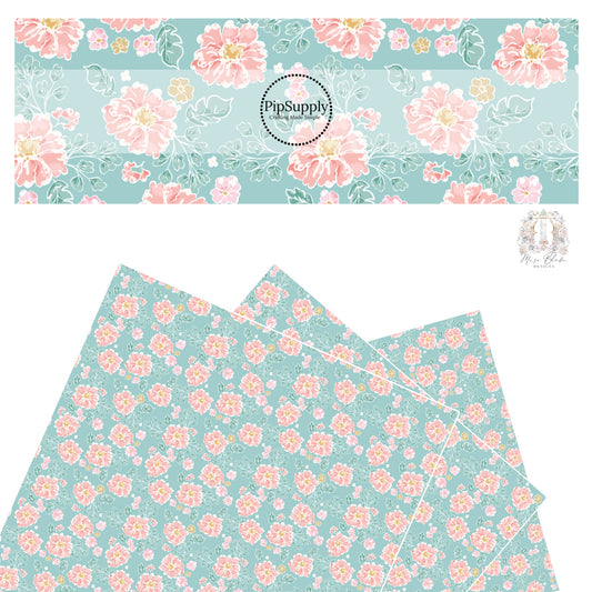 These floral themed light seafoam faux leather sheets contain the following design elements: light peach, cream, and teal flowers on seafoam. 