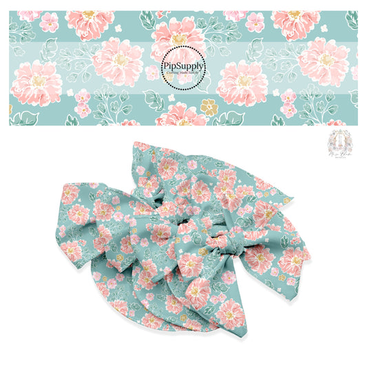 These floral themed light seafoam no sew bow strips can be easily tied and attached to a clip for a finished hair bow. These fun summer floral themed bow strips features light peach, cream, and teal flowers on seafoam are great for personal use or to sell.