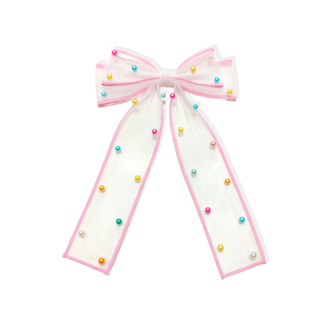 These spring tulle pearl long tail pre-cut tied bows are ready to package and resell to your customers no sewing or measuring necessary! These hair bows come with a alligator clip already attached.